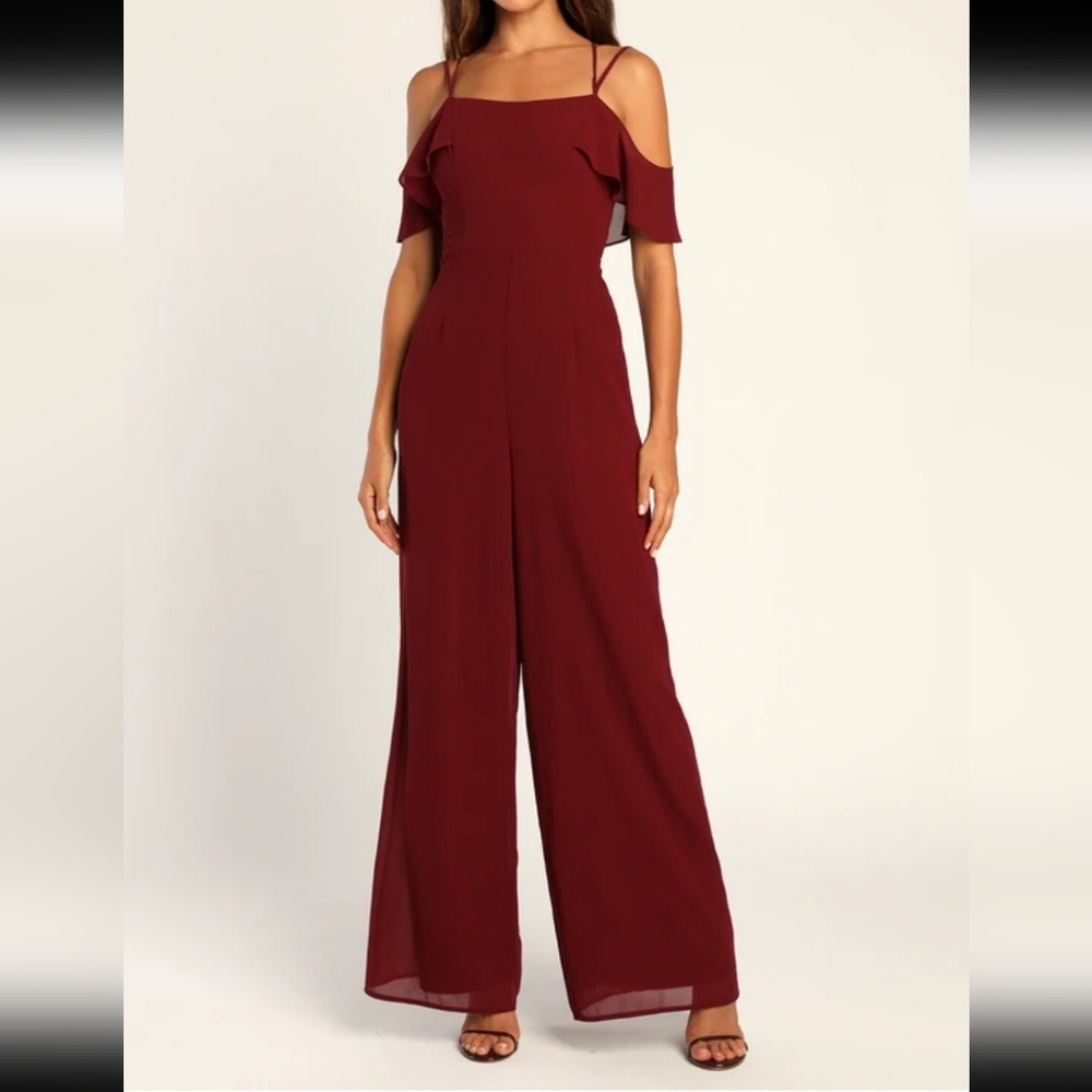 Lulus Regal Beauty Wine Red Cold Shoulder Wide-Leg Jumpsuit